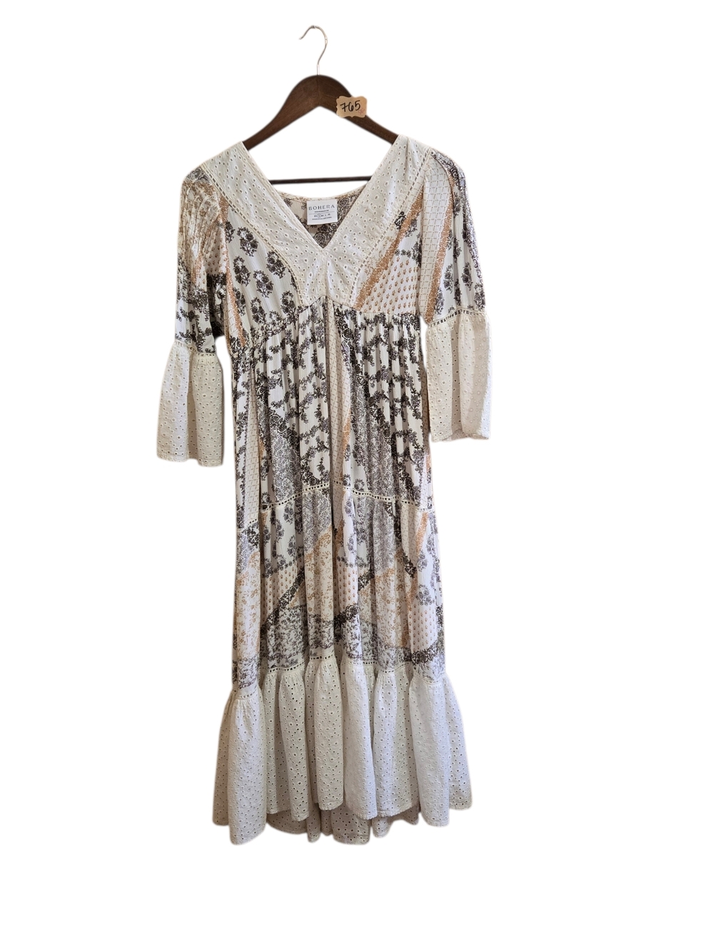Bohera Women's Dress Size S Long Sleeve V Neck‎ Cream Brown Boho Hippie Peasant